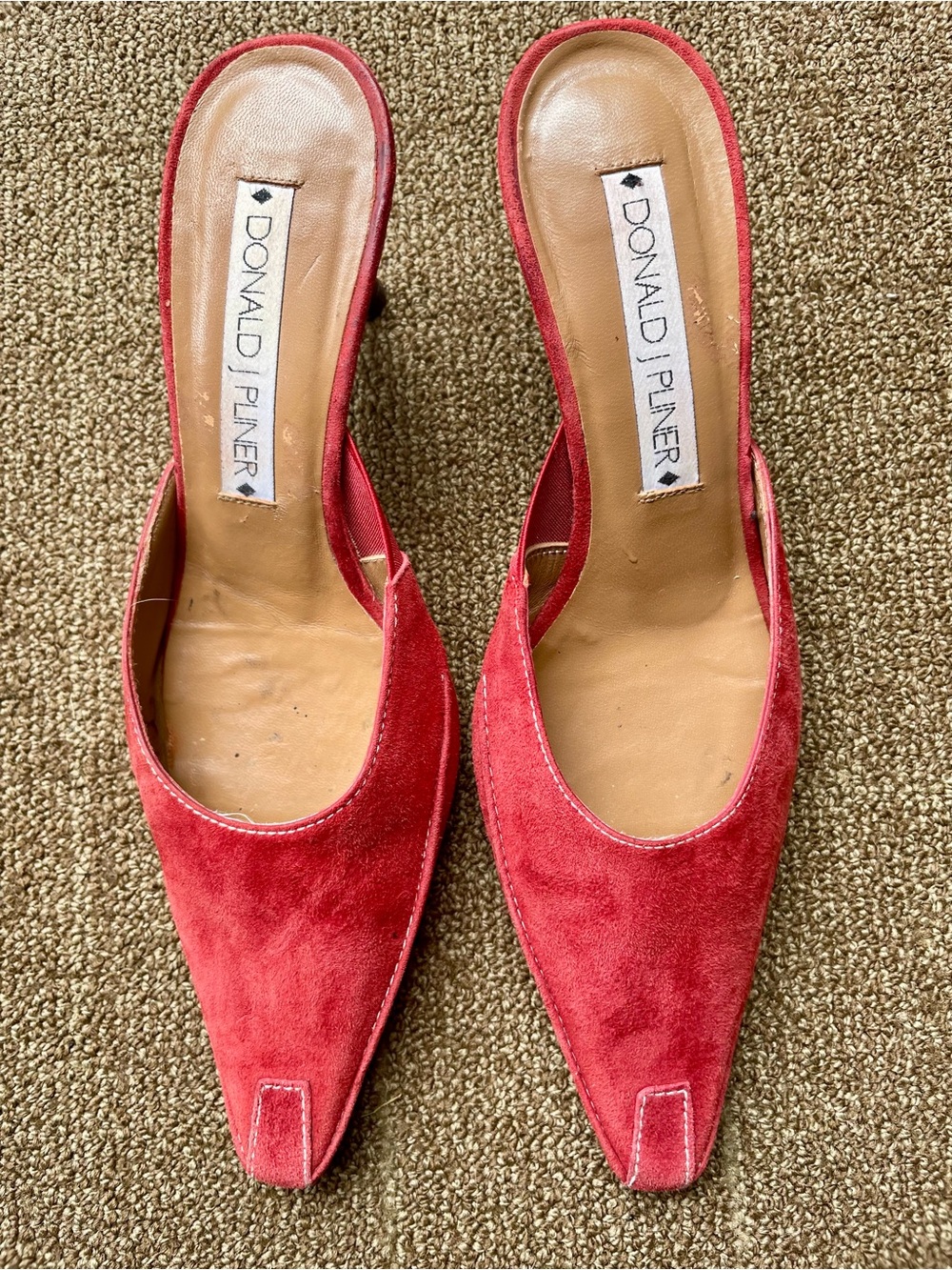 Donald J. Pliner Red Suede Pointed-Toe Women’s Mules with White Topstitching